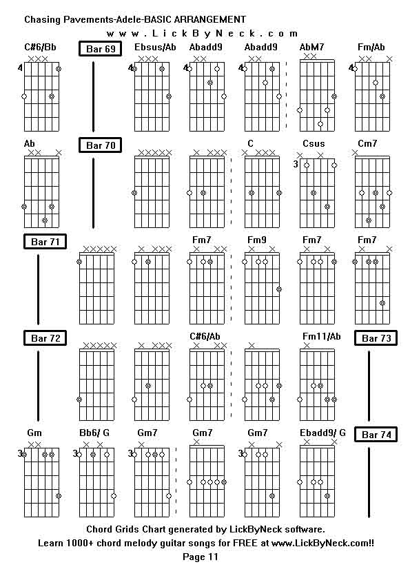 Chord Grids Chart of chord melody fingerstyle guitar song-Chasing Pavements-Adele-BASIC ARRANGEMENT,generated by LickByNeck software.